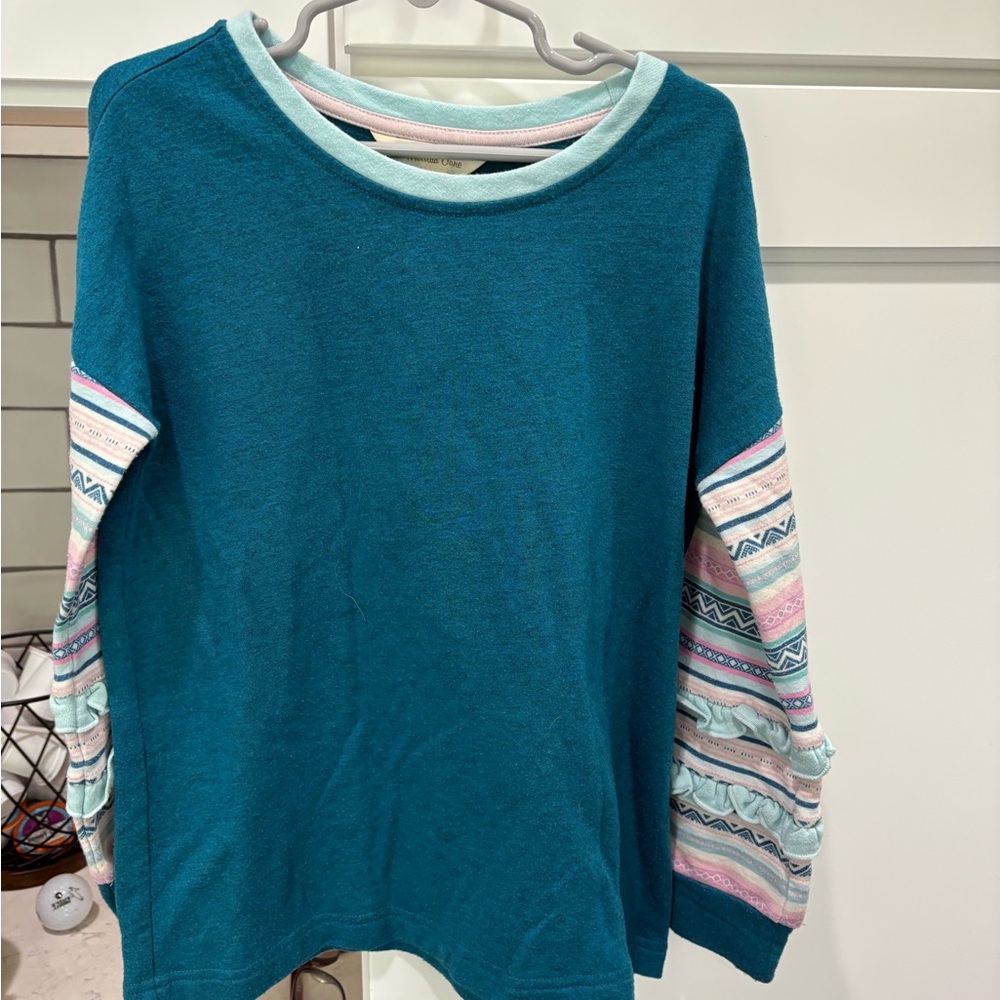 Matilda Jane Teal Shirt with Pastel Striped Sleeves